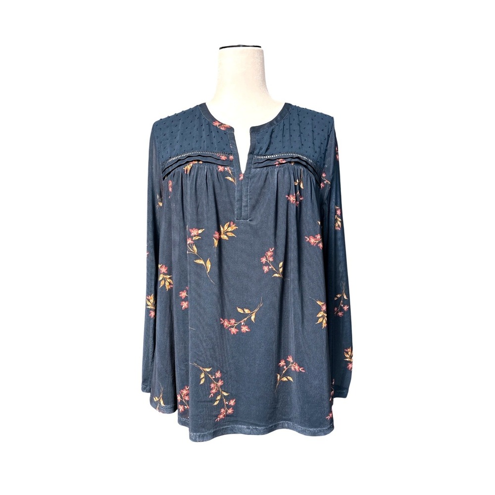 Daniel‎ Rainn Floral Swiss Dot Split Neck Blouse Teal Blue 1X